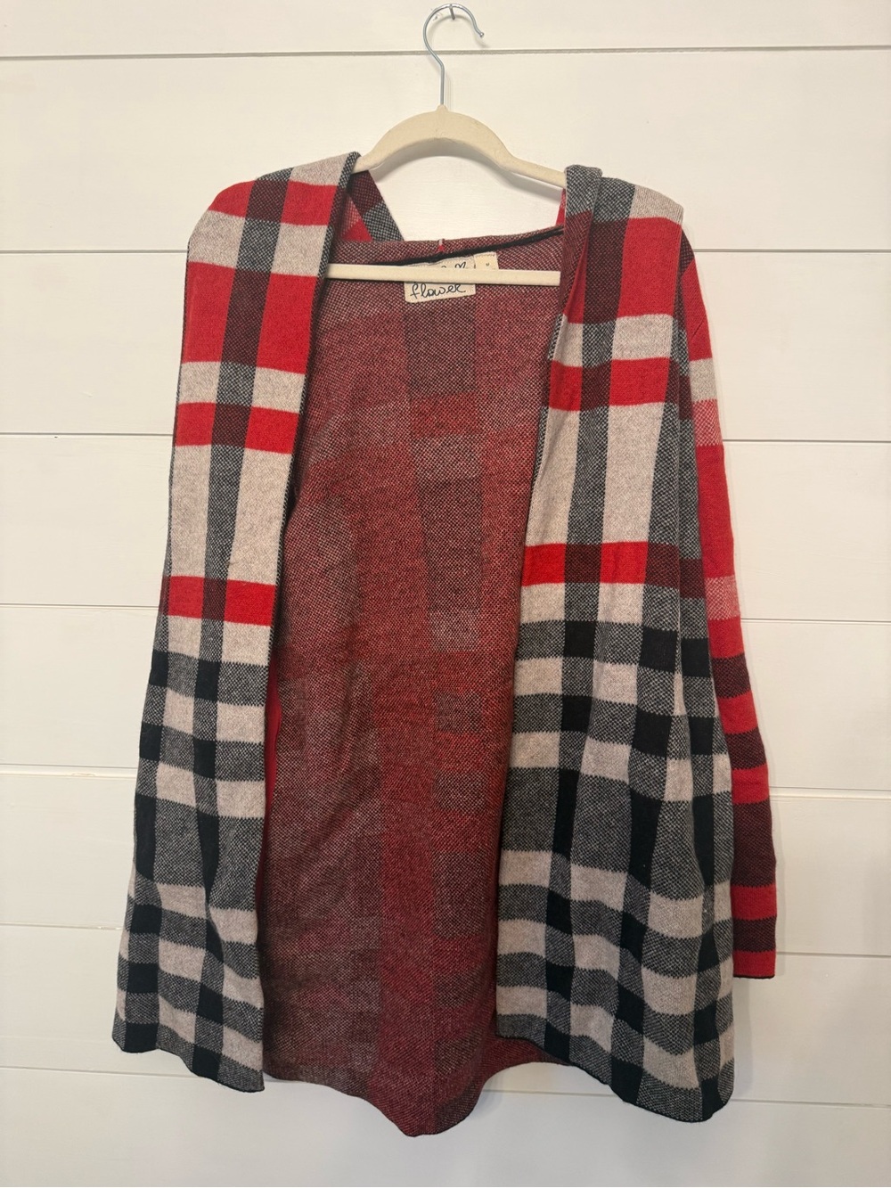 Hooded Plaid Open Cardigan Sweater - Red, Black & Cream